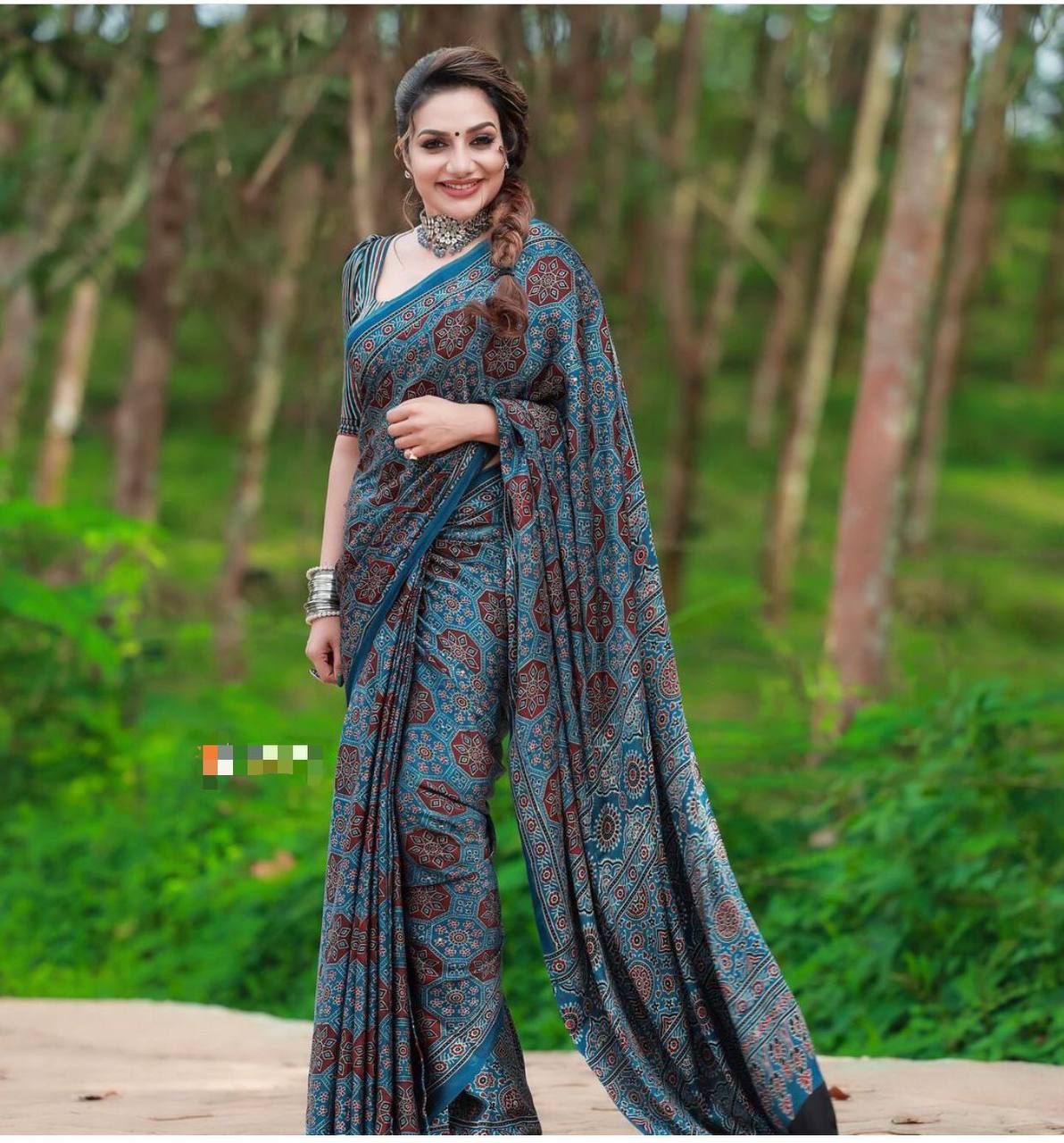 Bring Out with Natural Dye Ajrakh Handblock Print Model Silk Saree with  Blouse